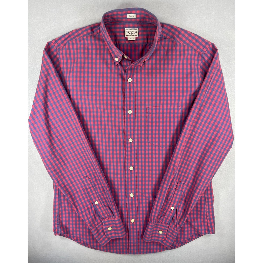 J.Crew Mens Button Down Shirt Slim Fit Red Blue Gingham Cotton Medium